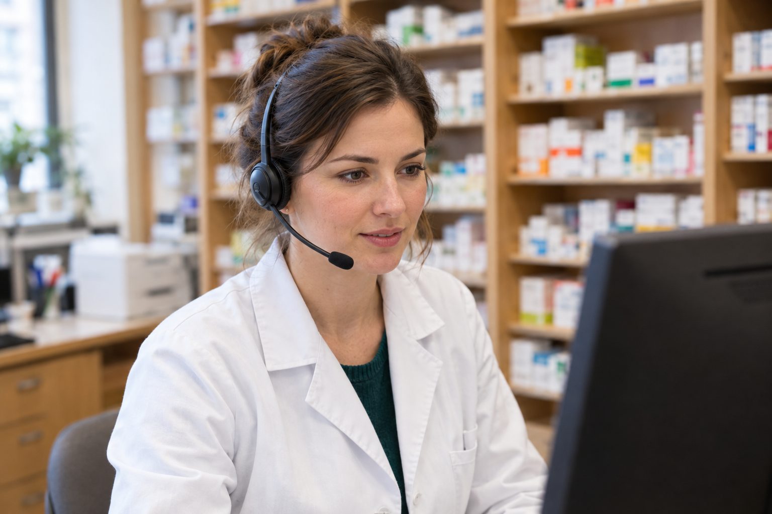 Farmaceutka v bielom plášti telefonuje so slúchadlami v zázemí lekárne